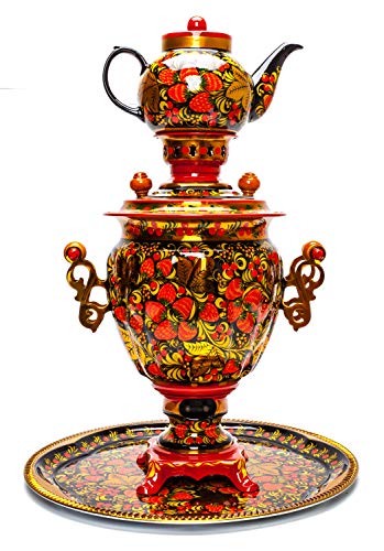 Red Khokhloma Electric Samovar Kettle with Teapot and Tray