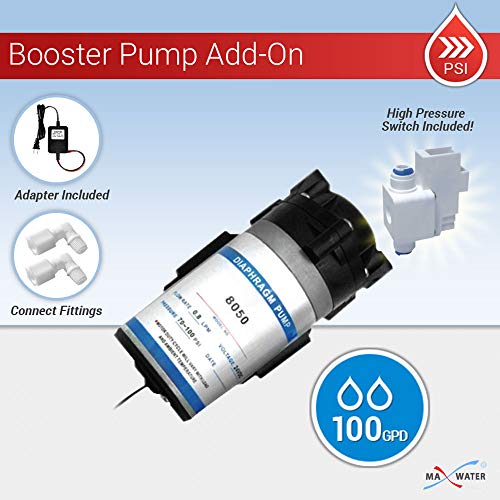 Reverse Osmosis 100 GPD RO Booster Pump + High Pressure Switch, 2 Connect Fittings - 1/4 OD x 3/8 MIP Elbow