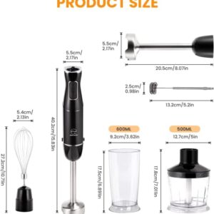 Immersion Blender Handheld, 800W 12-Speed Hand Blender, 5 in 1 Emersion Stick Blender Electric, 600ml Beaker, 500ml Chopper, Egg Whisk, Milk Frother