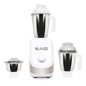 BLAAZE 110V Powerful 800W Mixer Grinder w/ 3 Stainless Steel Jars & Blades Perfect for Dry & Wet Fine Grinding – Dosa batters, Indian Curry Spices Coconut Chutney Grinding Mixing (White Matte Silver)