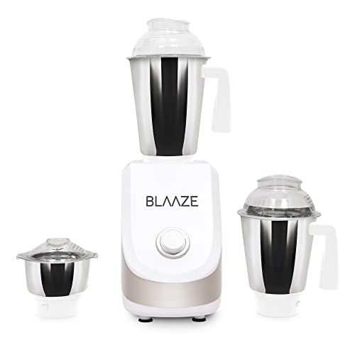 BLAAZE 110V Powerful 800W Mixer Grinder w/ 3 Stainless Steel Jars & Blades Perfect for Dry & Wet Fine Grinding – Dosa batters, Indian Curry Spices Coconut Chutney Grinding Mixing (White Matte Silver)