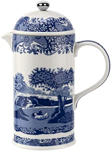 Spode Blue Italian French Press | 28-Ounce Capacity | Espresso, Coffee, and Tea Maker | Porcelain Cafetiere | Stainless Steel Plunger| Dishwasher Safe (Blue/White)