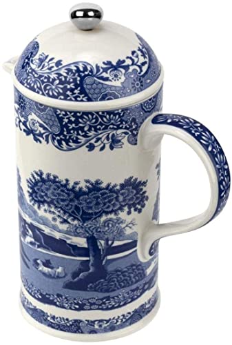 Spode Blue Italian French Press | 28-Ounce Capacity | Espresso, Coffee, and Tea Maker | Porcelain Cafetiere | Stainless Steel Plunger| Dishwasher Safe (Blue/White)