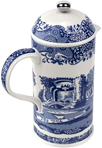 Spode Blue Italian French Press | 28-Ounce Capacity | Espresso, Coffee, and Tea Maker | Porcelain Cafetiere | Stainless Steel Plunger| Dishwasher Safe (Blue/White)