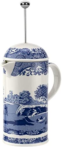 Spode Blue Italian French Press | 28-Ounce Capacity | Espresso, Coffee, and Tea Maker | Porcelain Cafetiere | Stainless Steel Plunger| Dishwasher Safe (Blue/White)