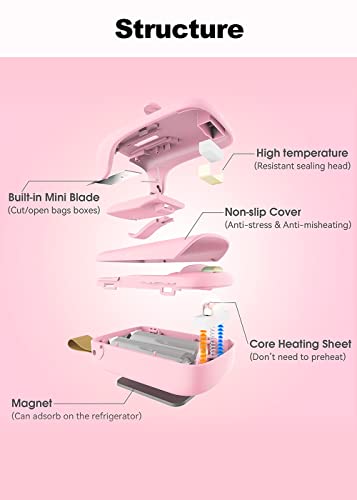 NOBVEQ Mini Bag Sealer, Handheld Heat Vacuum Sealer, Cutter with Lanyard and 2 in 1 Heat Sealer , Portable Bag Resealer Machine for Plastic Bags Food Storage Snacks Freshness(Batteries Included)-PINK