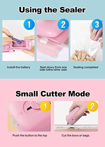 NOBVEQ Mini Bag Sealer, Handheld Heat Vacuum Sealer, Cutter with Lanyard and 2 in 1 Heat Sealer , Portable Bag Resealer Machine for Plastic Bags Food Storage Snacks Freshness(Batteries Included)-PINK