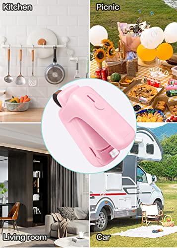 NOBVEQ Mini Bag Sealer, Handheld Heat Vacuum Sealer, Cutter with Lanyard and 2 in 1 Heat Sealer , Portable Bag Resealer Machine for Plastic Bags Food Storage Snacks Freshness(Batteries Included)-PINK