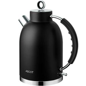 ascot stainless steel electric tea kettle, 1.7qt, 1500w, bpa-free, cordless, automatic shutoff, fast boiling water heater – black