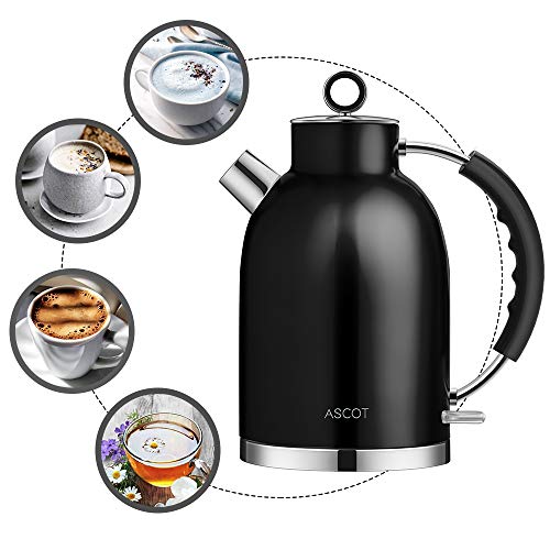 ASCOT Stainless Steel Electric Tea Kettle, 1.7QT, 1500W, BPA-Free, Cordless, Automatic Shutoff, Fast Boiling Water Heater - Black