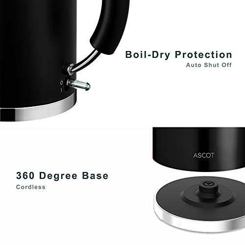 ASCOT Stainless Steel Electric Tea Kettle, 1.7QT, 1500W, BPA-Free, Cordless, Automatic Shutoff, Fast Boiling Water Heater - Black