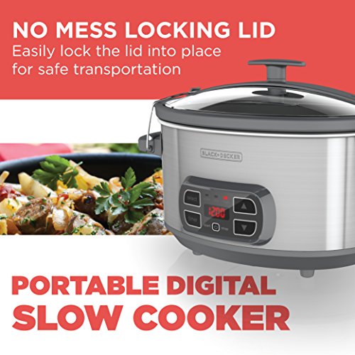 BLACK+DECKER SCD1007 7 Quart Programmable Slow Cooker with Digital Timer, Portable with Locking Lid, Stainless Steel