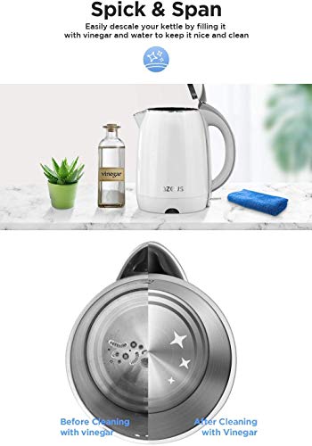 AZEUS Electric Kettle 1500W Cool Touch Tea Kettle Anti-scalding Design 1.8L Large Capacity Double Wall Kettle Cordless Water Boiler with Auto Shut-Off and Boil-Dry Protection, BPA-Free, White