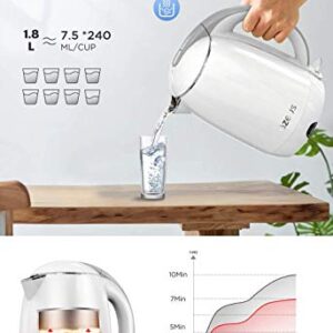 AZEUS Electric Kettle 1500W Cool Touch Tea Kettle Anti-scalding Design 1.8L Large Capacity Double Wall Kettle Cordless Water Boiler with Auto Shut-Off and Boil-Dry Protection, BPA-Free, White