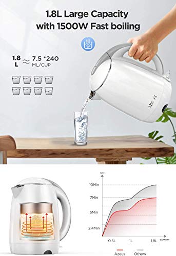 AZEUS Electric Kettle 1500W Cool Touch Tea Kettle Anti-scalding Design 1.8L Large Capacity Double Wall Kettle Cordless Water Boiler with Auto Shut-Off and Boil-Dry Protection, BPA-Free, White