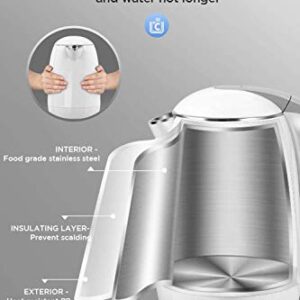 AZEUS Electric Kettle 1500W Cool Touch Tea Kettle Anti-scalding Design 1.8L Large Capacity Double Wall Kettle Cordless Water Boiler with Auto Shut-Off and Boil-Dry Protection, BPA-Free, White