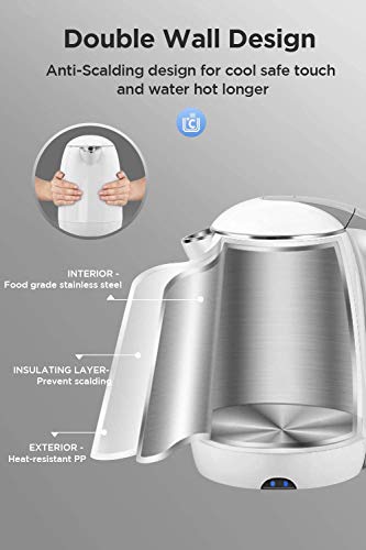 AZEUS Electric Kettle 1500W Cool Touch Tea Kettle Anti-scalding Design 1.8L Large Capacity Double Wall Kettle Cordless Water Boiler with Auto Shut-Off and Boil-Dry Protection, BPA-Free, White