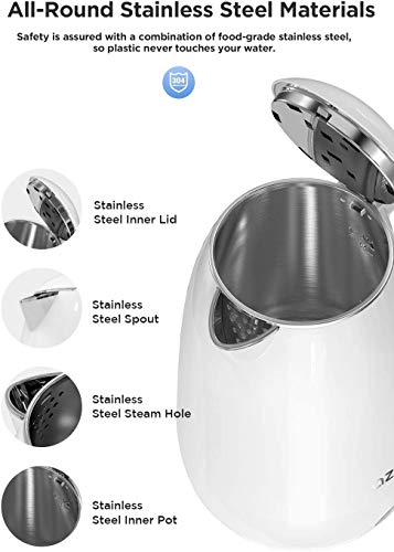 AZEUS Electric Kettle 1500W Cool Touch Tea Kettle Anti-scalding Design 1.8L Large Capacity Double Wall Kettle Cordless Water Boiler with Auto Shut-Off and Boil-Dry Protection, BPA-Free, White