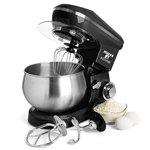 Moss & Stone Stand Mixer, 6 Speed Electric Mixer With 5.5 Quart Stainless Steel Mixing Bowl, Black Body Kitchen Mixer With Dough Hook, Egg Whisk, Beater & Baking Spatula, Classic Food Mixer