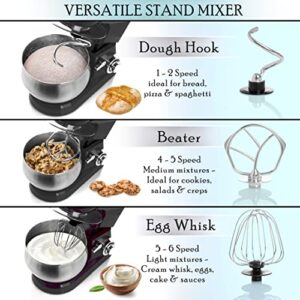 Moss & Stone Stand Mixer, 6 Speed Electric Mixer With 5.5 Quart Stainless Steel Mixing Bowl, Black Body Kitchen Mixer With Dough Hook, Egg Whisk, Beater & Baking Spatula, Classic Food Mixer