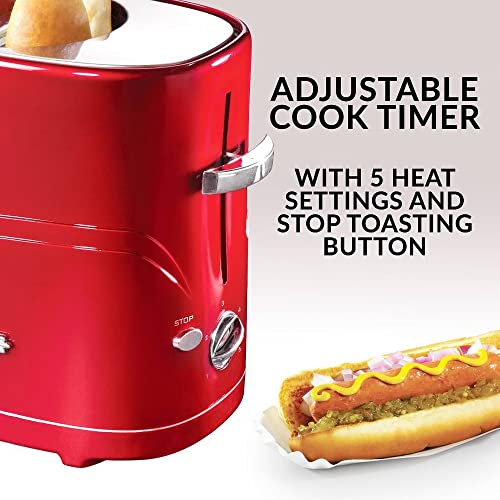 Nostalgia Adjustable 5 Setting Retro Pop Up Hot Dog Toaster, Fits 2 Regular or Extra Plump Hot Dogs and 2 Buns with Removable Cage and Mini Tongs, Red