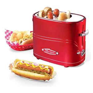 Nostalgia Adjustable 5 Setting Retro Pop Up Hot Dog Toaster, Fits 2 Regular or Extra Plump Hot Dogs and 2 Buns with Removable Cage and Mini Tongs, Red