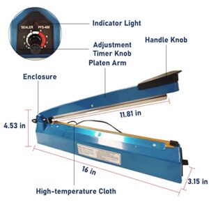 Impulse Heat Sealer 16Inch, Manual Sealing Machine with 4 Replace High-temperature Cloths, Adjustable Temperature Bags Sealer, Multiple Use for Plastics PE Mylar Kraft Paper Bags