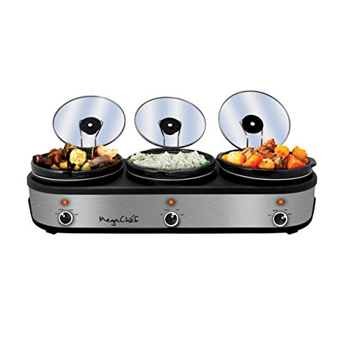 MegaChef Warmer Elite 2.5 Quart Slow Cooker and Buffet Server in Brushed Silver and Black Finish with 3 Ceramic Cooking Pots and Removable Lid Rests