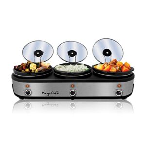 MegaChef Warmer Elite 2.5 Quart Slow Cooker and Buffet Server in Brushed Silver and Black Finish with 3 Ceramic Cooking Pots and Removable Lid Rests