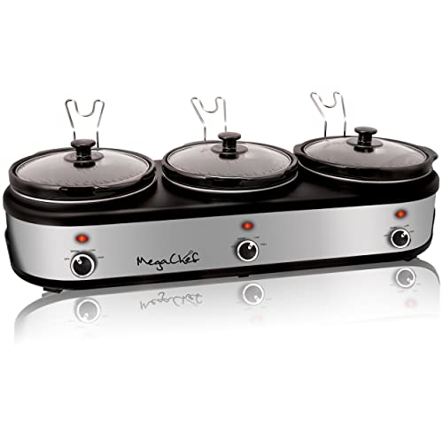 MegaChef Warmer Elite 2.5 Quart Slow Cooker and Buffet Server in Brushed Silver and Black Finish with 3 Ceramic Cooking Pots and Removable Lid Rests