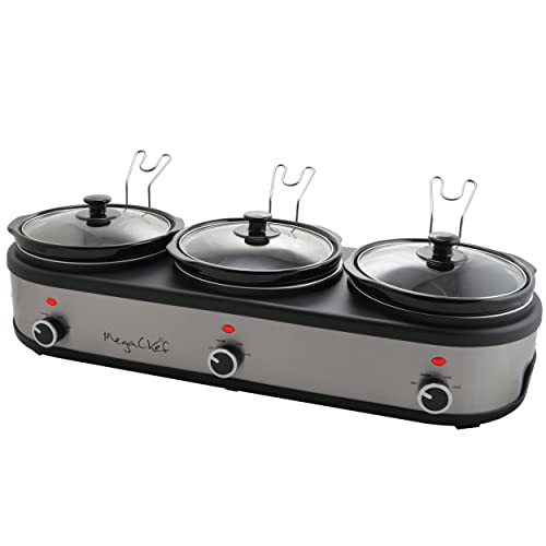 MegaChef Warmer Elite 2.5 Quart Slow Cooker and Buffet Server in Brushed Silver and Black Finish with 3 Ceramic Cooking Pots and Removable Lid Rests