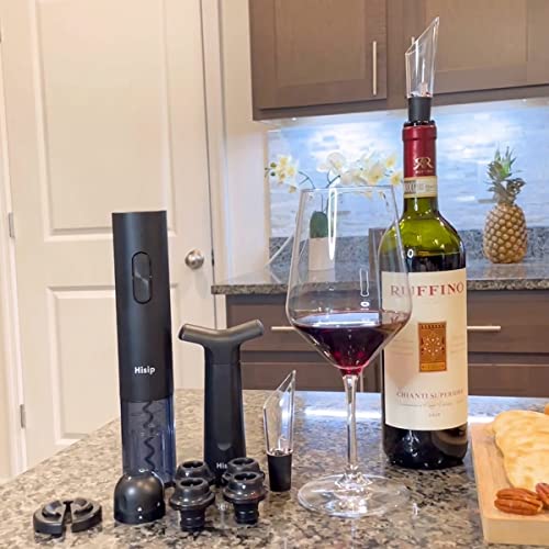 Hisip Electric Wine Opener Set, Corkscrew Wine Bottle Opener with Wine Aerator Pourer Foil Cutter, Vacuum Wine Stoppers for Wine Lover Christmas Gift Set