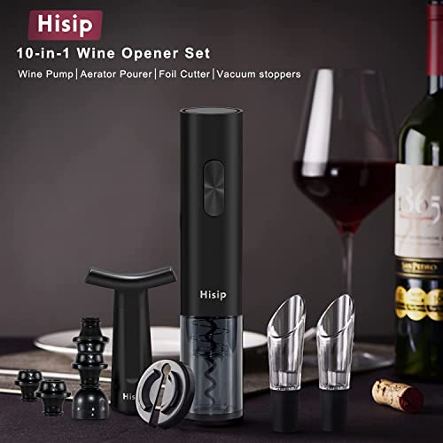 Hisip Electric Wine Opener Set, Corkscrew Wine Bottle Opener with Wine Aerator Pourer Foil Cutter, Vacuum Wine Stoppers for Wine Lover Christmas Gift Set