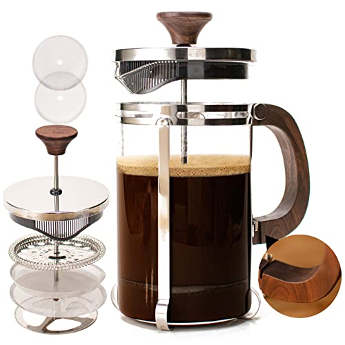 PANIOSIA French Press Coffee Maker Solid Walnut Wood thoughtfully handmade-4 Filter 34OZ Coffee French Press with Spoons and Brush | Durable French Press Glass with Borosilicate Glass French Press