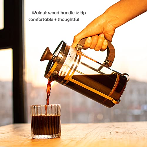 PANIOSIA French Press Coffee Maker Solid Walnut Wood thoughtfully handmade-4 Filter 34OZ Coffee French Press with Spoons and Brush | Durable French Press Glass with Borosilicate Glass French Press