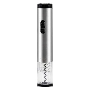 ovente electric stainless steel wine bottle opener with foil wine cutter, 4 aa battery operated opener one touch operation and led indicator, compact & portable perfect for travel, silver wo1381s