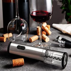 Ovente Electric Stainless Steel Wine Bottle Opener with Foil Wine Cutter, 4 AA Battery Operated Opener One Touch Operation and LED Indicator, Compact & Portable Perfect for Travel, Silver WO1381S