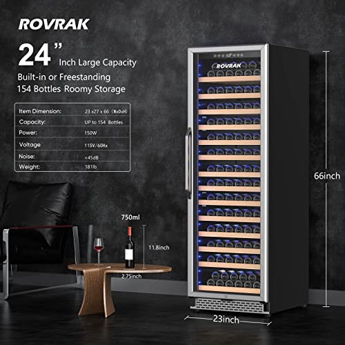 ROVRAk Advanced 24 inch Wine Cooler Refrigerator, 154 Bottle Large Capacity Frost Free Wine Fridge, Fashion Arc Handle with Digital Temperature Control Screen…