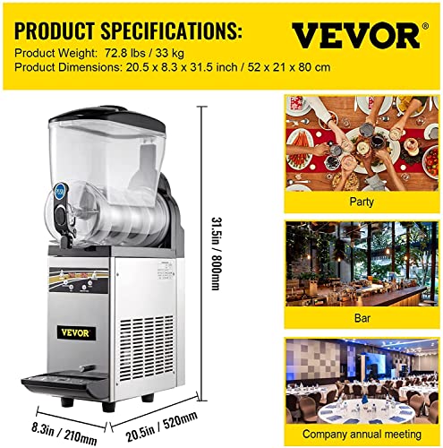 VEVOR Commercial Slushy Machine, 15L Tank Commercial Margarita Machine, 500W Stainless Steel Frozen Drink Machine, Temperature Slush 26.6°F to 28.4°F Margarita Slush Maker, Perfect for Cafes Bars