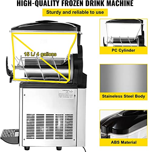 VEVOR Commercial Slushy Machine, 15L Tank Commercial Margarita Machine, 500W Stainless Steel Frozen Drink Machine, Temperature Slush 26.6°F to 28.4°F Margarita Slush Maker, Perfect for Cafes Bars