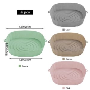 MingQiEven 4 Pcs 7 Inch Square Air Fryer Silicone Pot, Heat Resistant Easy Cleaning Reusable Thin Food Safe Accessories, 3 to 6 Qt for Air Fryer Silicone Pot (Pink+Grey+Brown+Green)