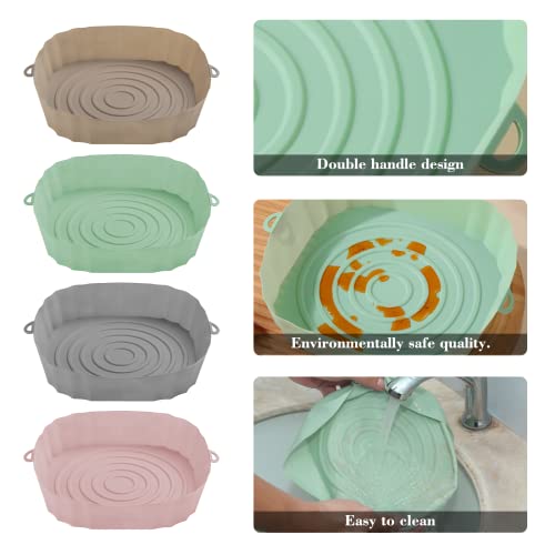 MingQiEven 4 Pcs 7 Inch Square Air Fryer Silicone Pot, Heat Resistant Easy Cleaning Reusable Thin Food Safe Accessories, 3 to 6 Qt for Air Fryer Silicone Pot (Pink+Grey+Brown+Green)