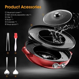 ANKYNE Hot Pot with Grill, Electric Hot Pot with Dual Temperature Control, Hotpot Pot Electric Grill Shabu Shabu Pot Korean bbq Grill Smokeless for Simmer, Boil, Fry, Roast, Red