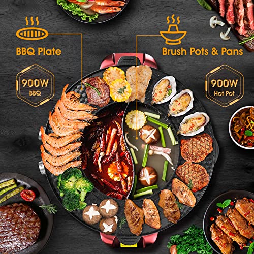 ANKYNE Hot Pot with Grill, Electric Hot Pot with Dual Temperature Control, Hotpot Pot Electric Grill Shabu Shabu Pot Korean bbq Grill Smokeless for Simmer, Boil, Fry, Roast, Red