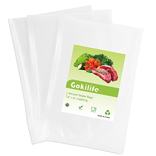 Gokilife Vacuum Sealer Bags - 100 Mini Pint Size 6" x 8" for Food Saver, Seal a Meal, BPA Free, Heavy Duty Commercial Grade, Sous Vide Vaccume Meal Safe, Universal Pre-Cut Bag Design