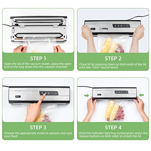 Vacuum Sealer Machine, Adiding Vacuum Food Sealer with Powerful Suction, Air Sealing Machine for Food Preservation, Dry & Moist Sealing Modes, Built-in Cutter and Vacuum Tube