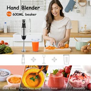 Aigostar Immersion Blender, 2 in 1 Hand Blender with 600ml Beaker, Stainless Steel Handheld Stick Blender for Smoothies, Baby Food, Puree, Soup, BPA Free, UL Certificated