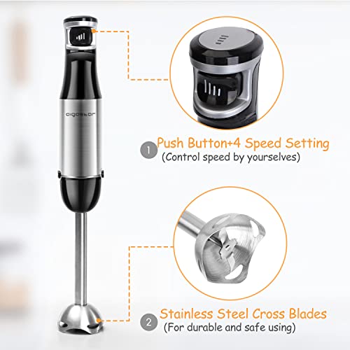 Aigostar Immersion Blender, 2 in 1 Hand Blender with 600ml Beaker, Stainless Steel Handheld Stick Blender for Smoothies, Baby Food, Puree, Soup, BPA Free, UL Certificated