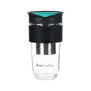 cold brew coffee cup | for grab-n-go | 18oz | durable glass | stainless steel filter | silicon sleeve | black design with a blue lid