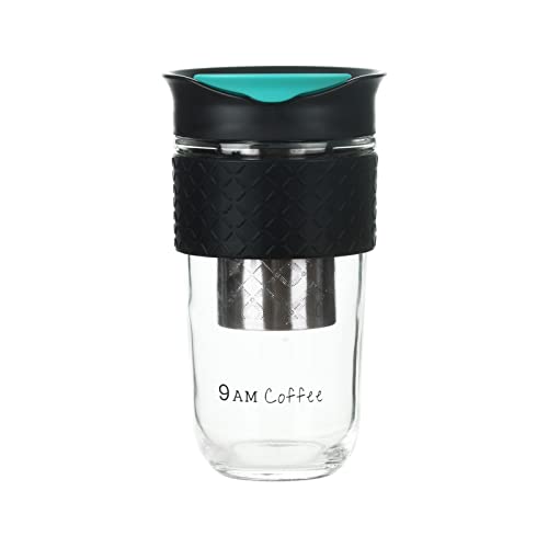 Cold brew coffee cup | For Grab-n-Go | 18oz | Durable glass | stainless steel filter | silicon sleeve | Black design with a Blue lid